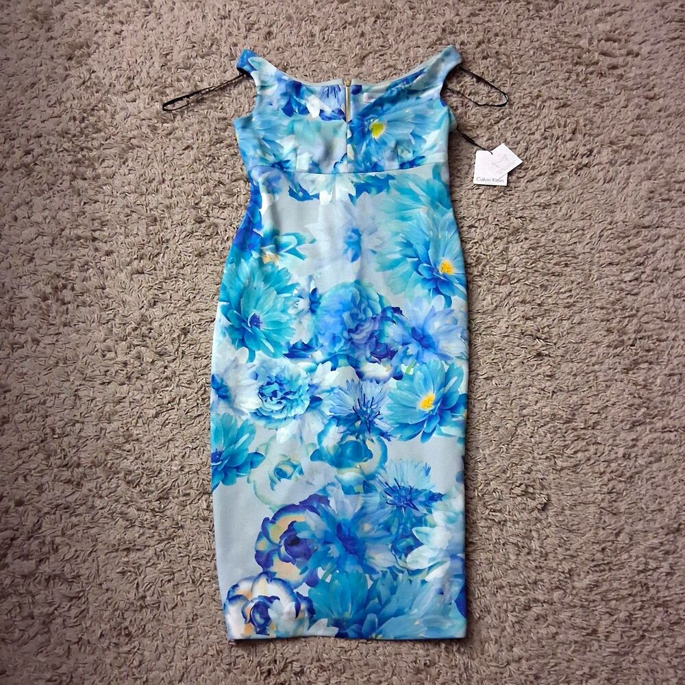 NWT Calvin Klein Sheath Dress Blue White Floral V-Neck Sleeveless Zip Size 10